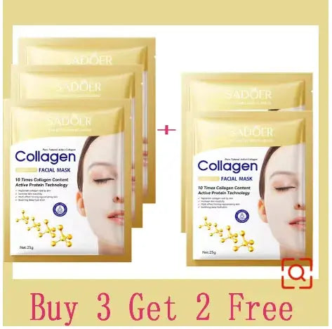 Set of five Collagen anti-aging facial mask sachets, gold and white packs