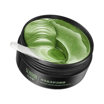 Seaweed eye mask jar with stacked green moisturizing gel pads