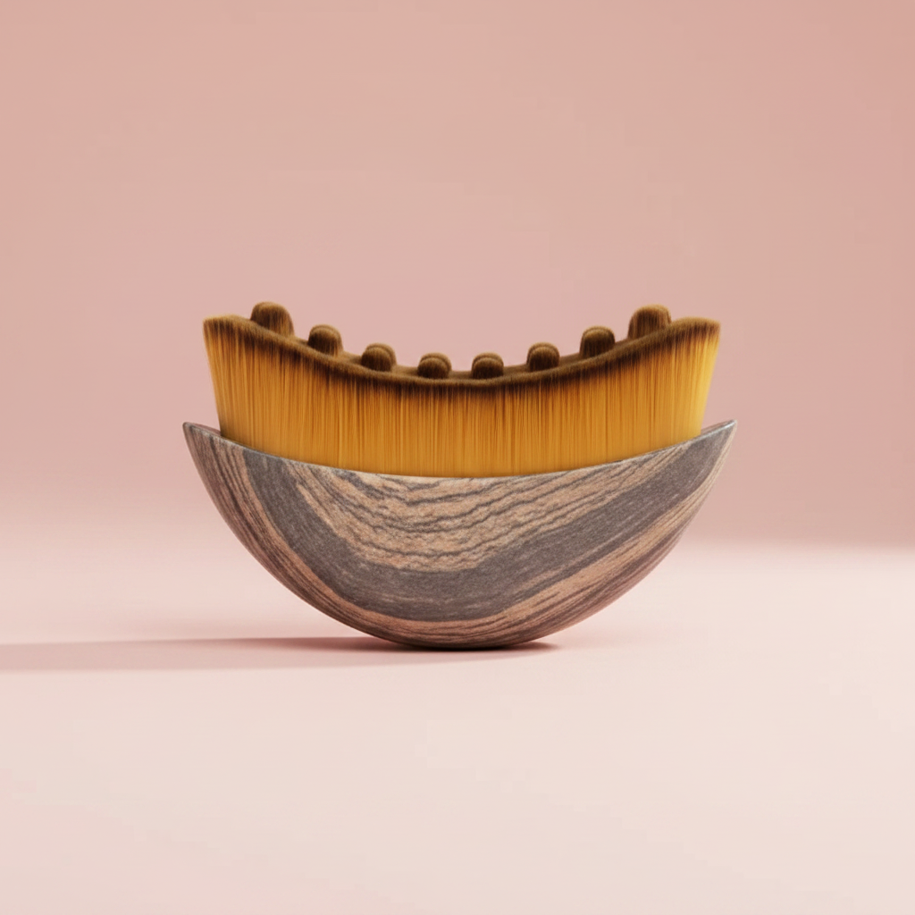 Lymphatic sculpting face brush: curved wooden bowl with upright golden bristles