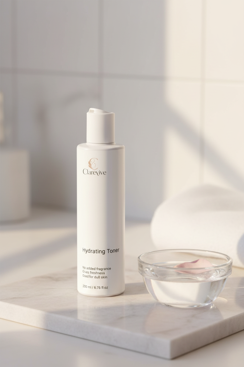 Clarevive hydrating toner bottle with front label, white flip-top cap