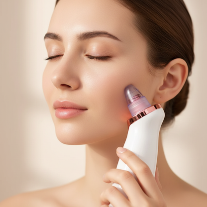 Pore vacuum blackhead remover in use on cheek with translucent purple suction head