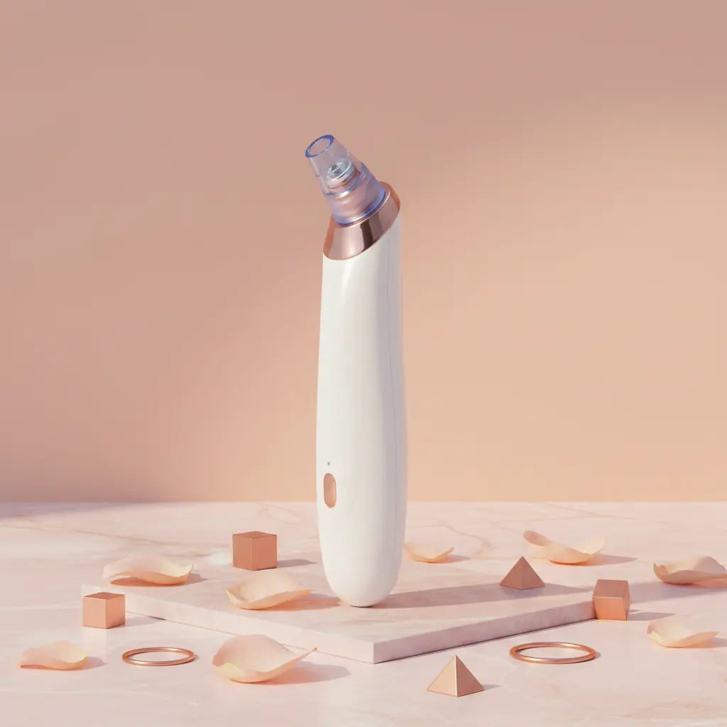 Clarity blackhead extractor upright view, white handle with rose-gold ring and nozzle