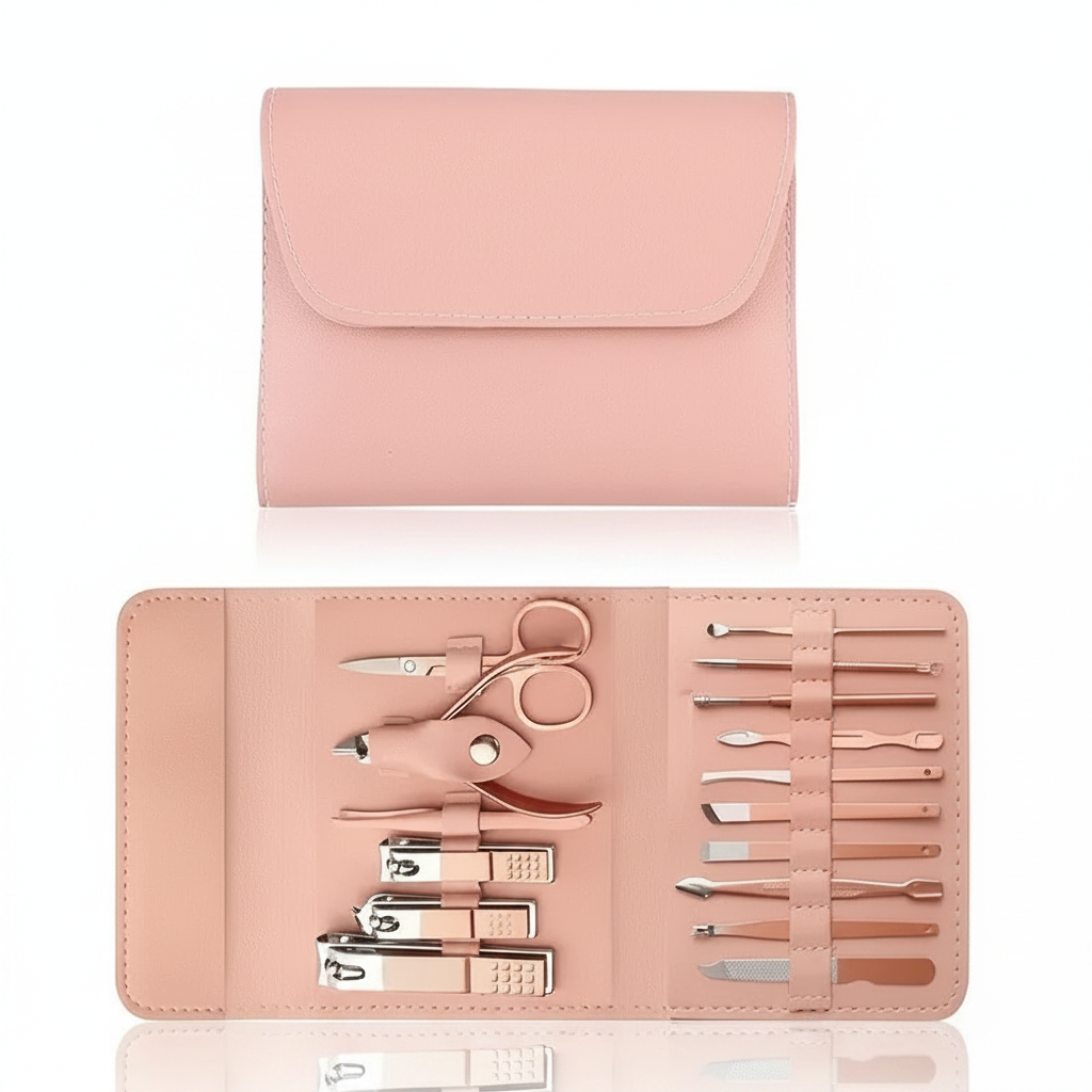Pink nail clipper set case open view with rose-gold tools and multiple grooming pieces