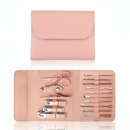 Pink nail clipper set case open view with rose-gold tools and multiple grooming pieces