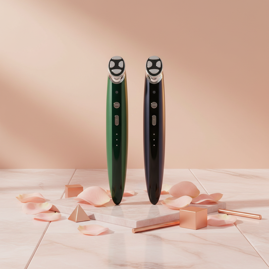 Pair of eye massagers, green and dark, silver top with dot LED panel