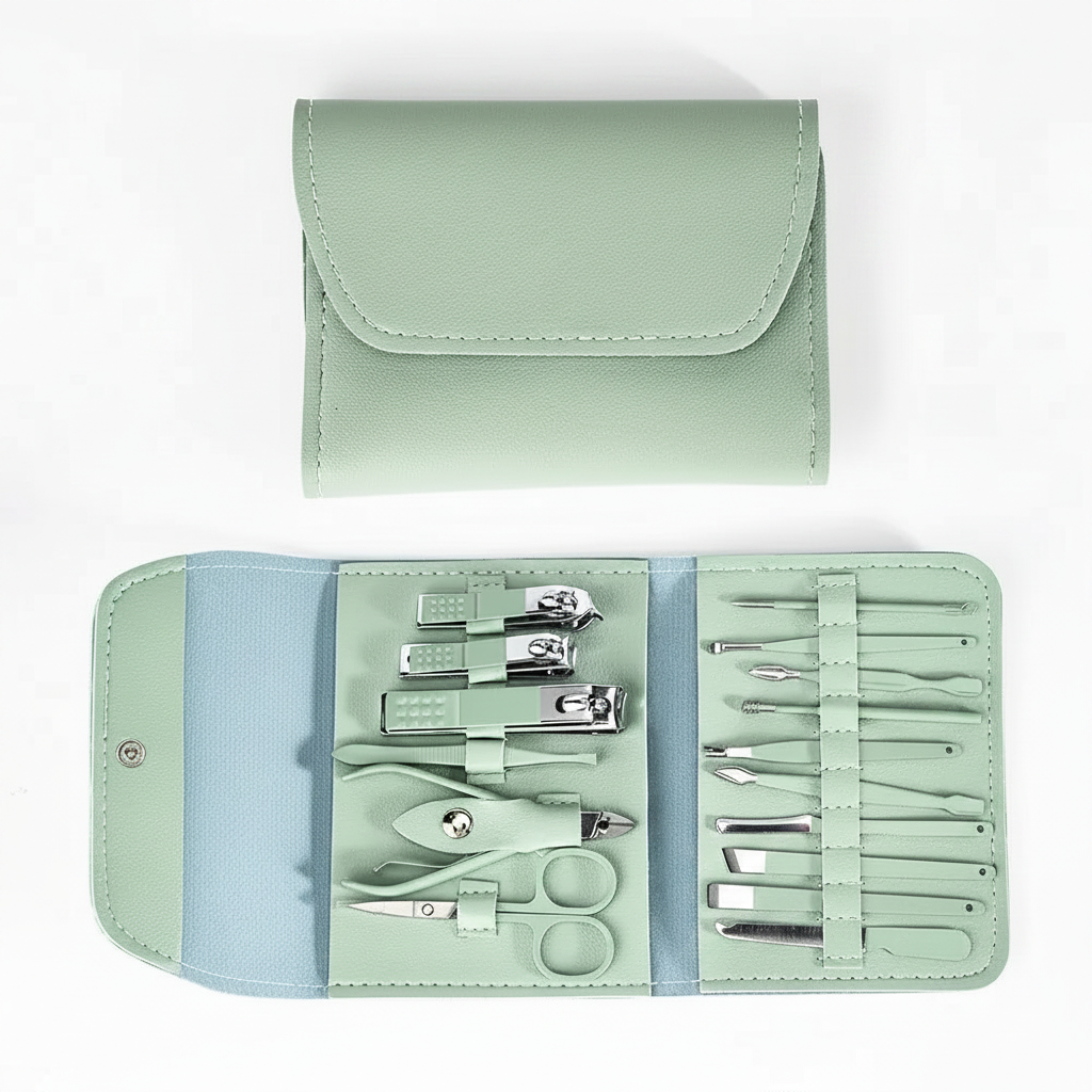Light green nail clipper tool set in open travel case with multiple stainless tools