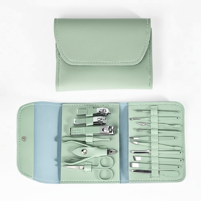 Light green nail clipper tool set in open travel case with multiple stainless tools