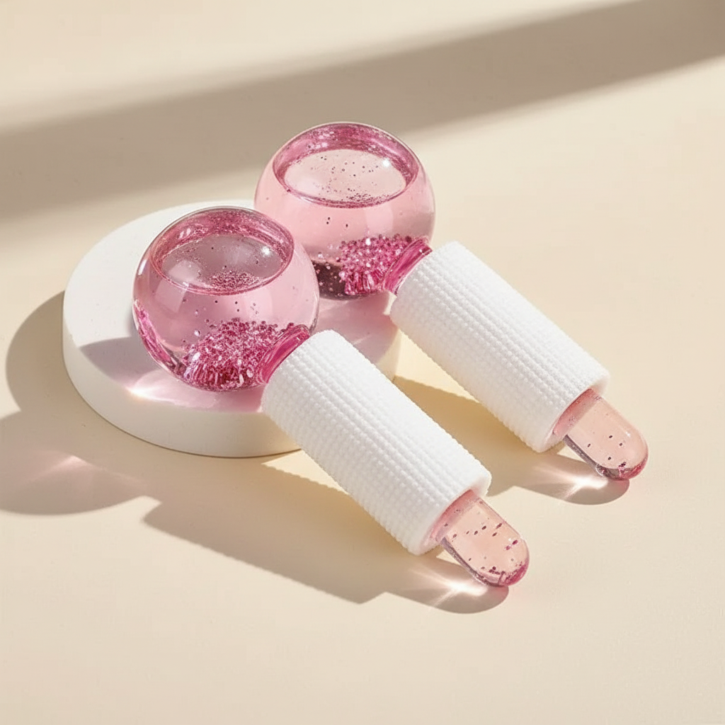 2-piece facial ice globe massager set, pink glitter heads and textured white handles
