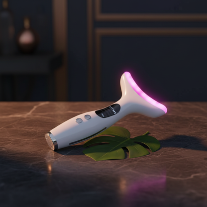 White LED neck and face device with purple light strip, lying on a surface.