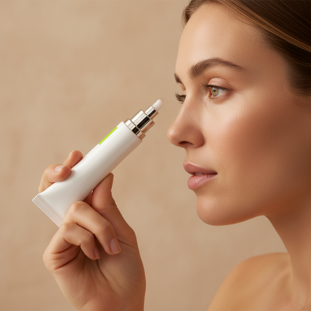 Eye serum applicator held near eye; pale gel tip with white and green tube