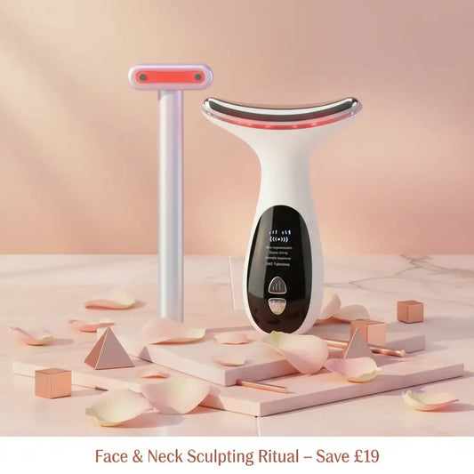 Face and neck sculpting device with white handle and curved silver head, black control area