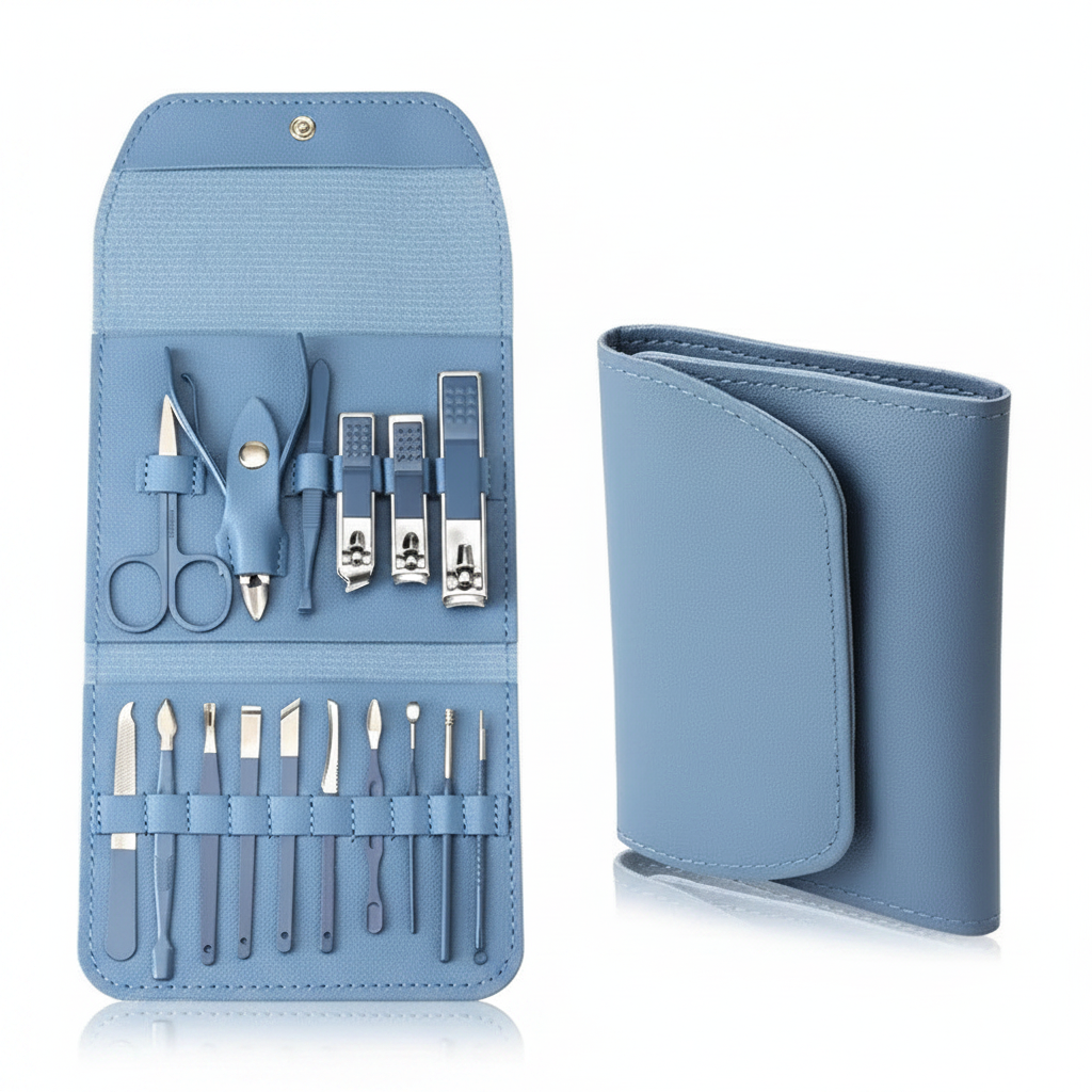 Light blue nail care kit with open case and folded case, stainless tools in compartments