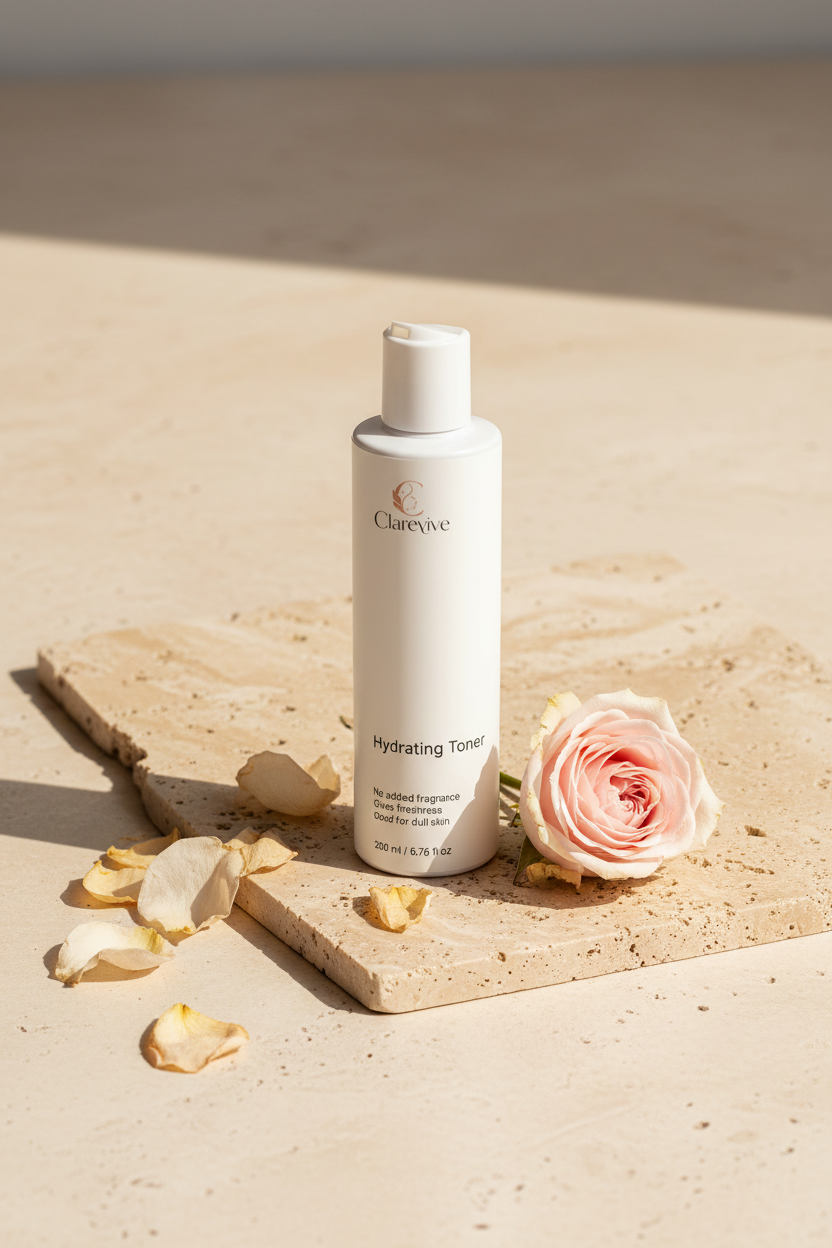 Clarevive hydrating toner bottle with front label visible, white flip-top cap