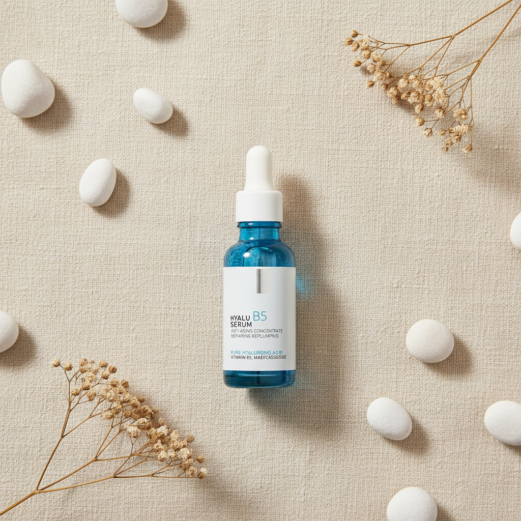 Hydrating serum bottle with dropper on beige surface with white tablets