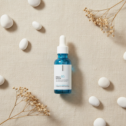 Hydrating serum bottle with dropper on beige surface with white tablets