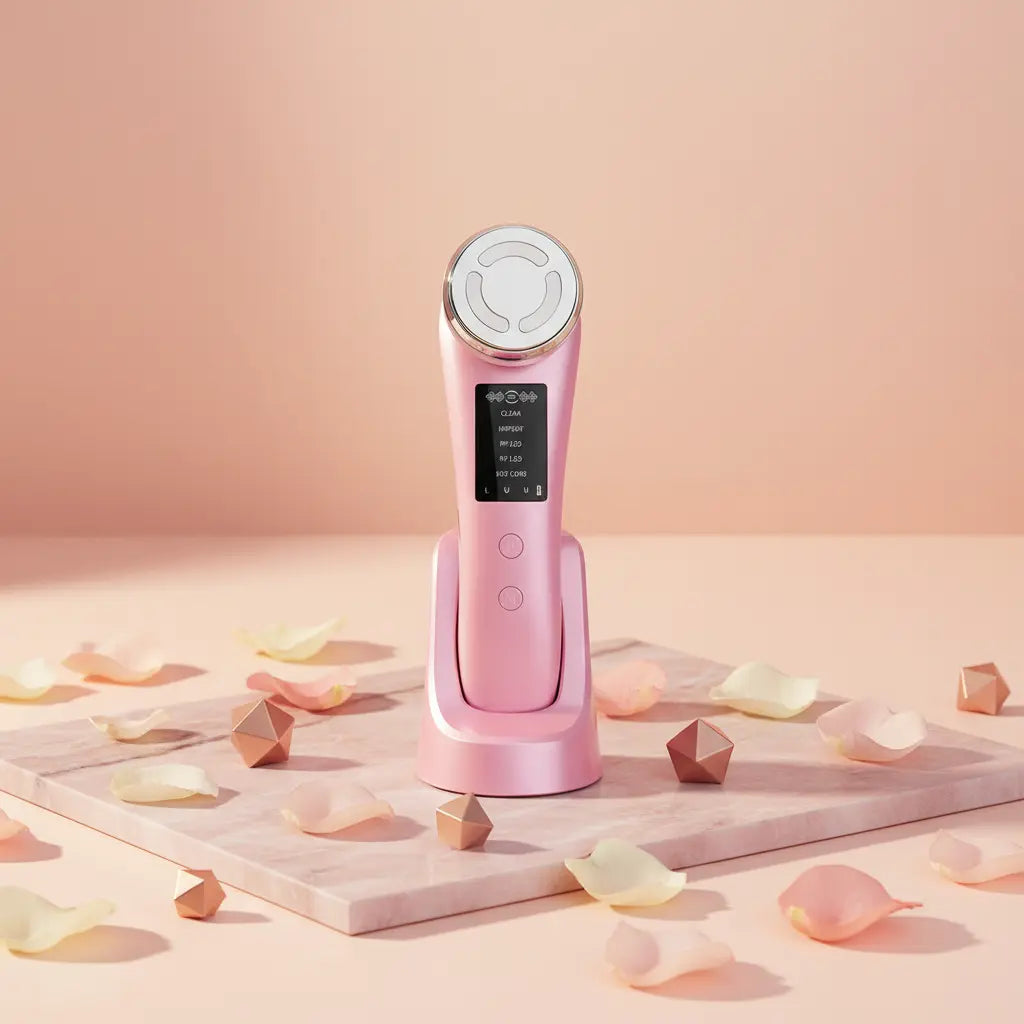 Pink facial cleansing and rejuvenation device on stand with circular treatment head