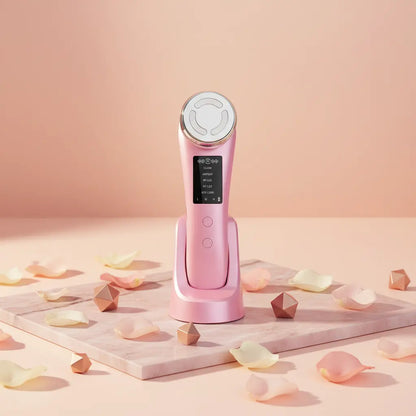 Pink facial cleansing and rejuvenation device on stand with circular treatment head