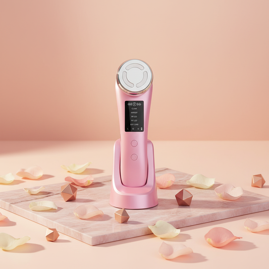 Pink facial cleansing and rejuvenation device on stand with circular treatment head
