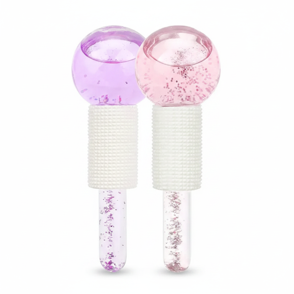 2-piece facial ice globe massager set, purple and pink glitter heads with white handles
