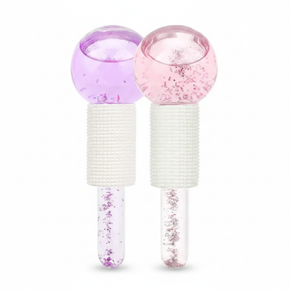 2-piece facial ice globe massager set, purple and pink glitter heads with white handles