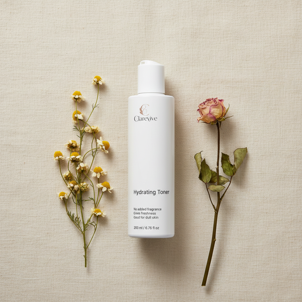 Clarevive hydrating toner bottle, white with flip-top cap, label centered