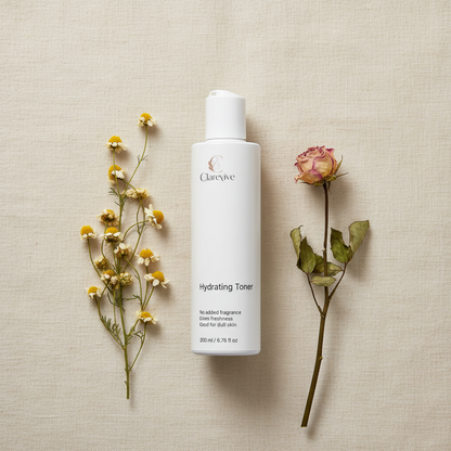 Clarevive hydrating toner bottle, white with flip-top cap, label centered