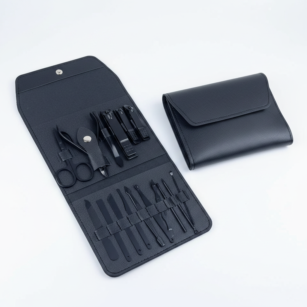 Black nail clipper set in travel case with stainless grooming tools and cuticle tools
