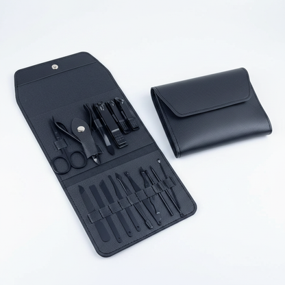Black nail clipper set in travel case with stainless grooming tools and cuticle tools