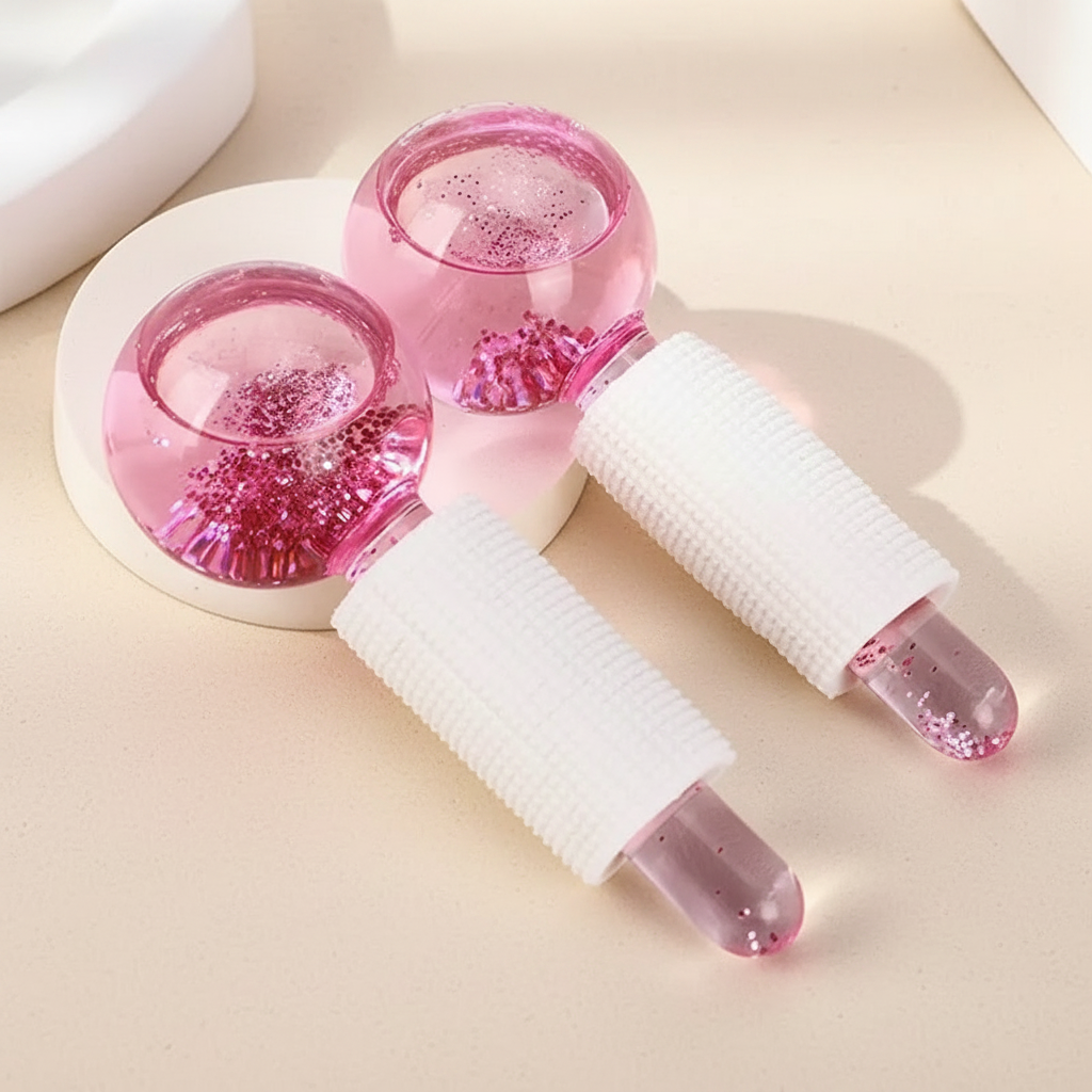2-piece facial ice globe massager set, two pink glitter heads and textured white handles