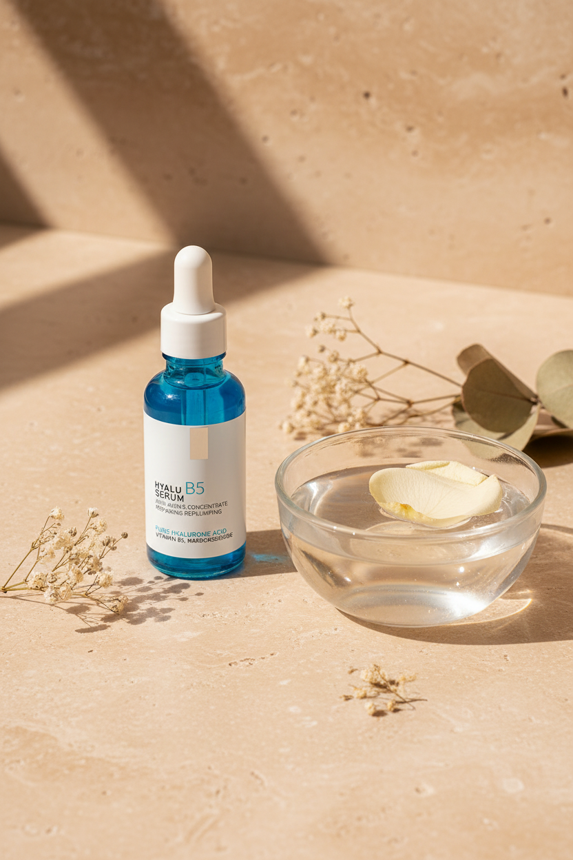 Hydrating serum bottle with dropper beside glass bowl of white cream