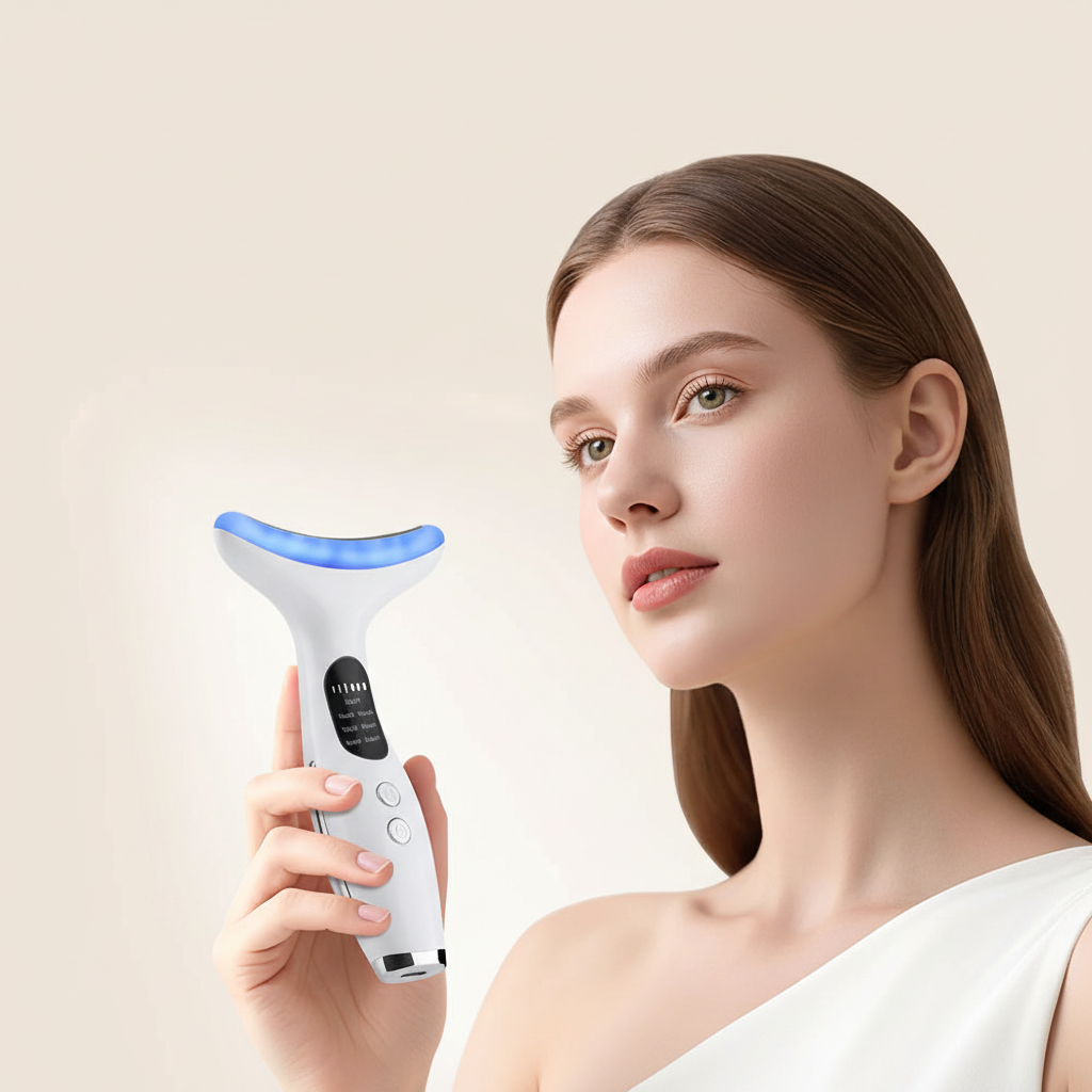 White handheld LED neck and face device with blue light strip, held near neck.