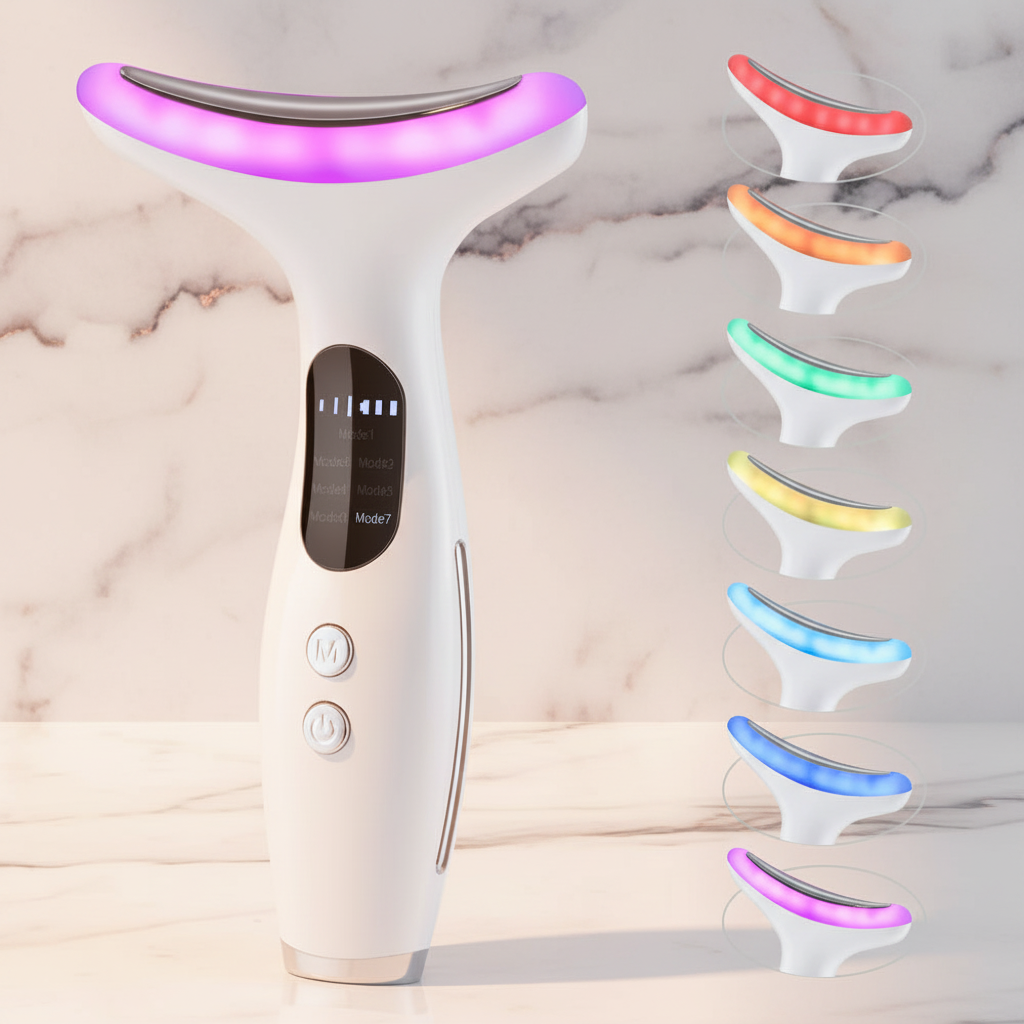 White LED neck and face beauty device with purple light strip and control display.