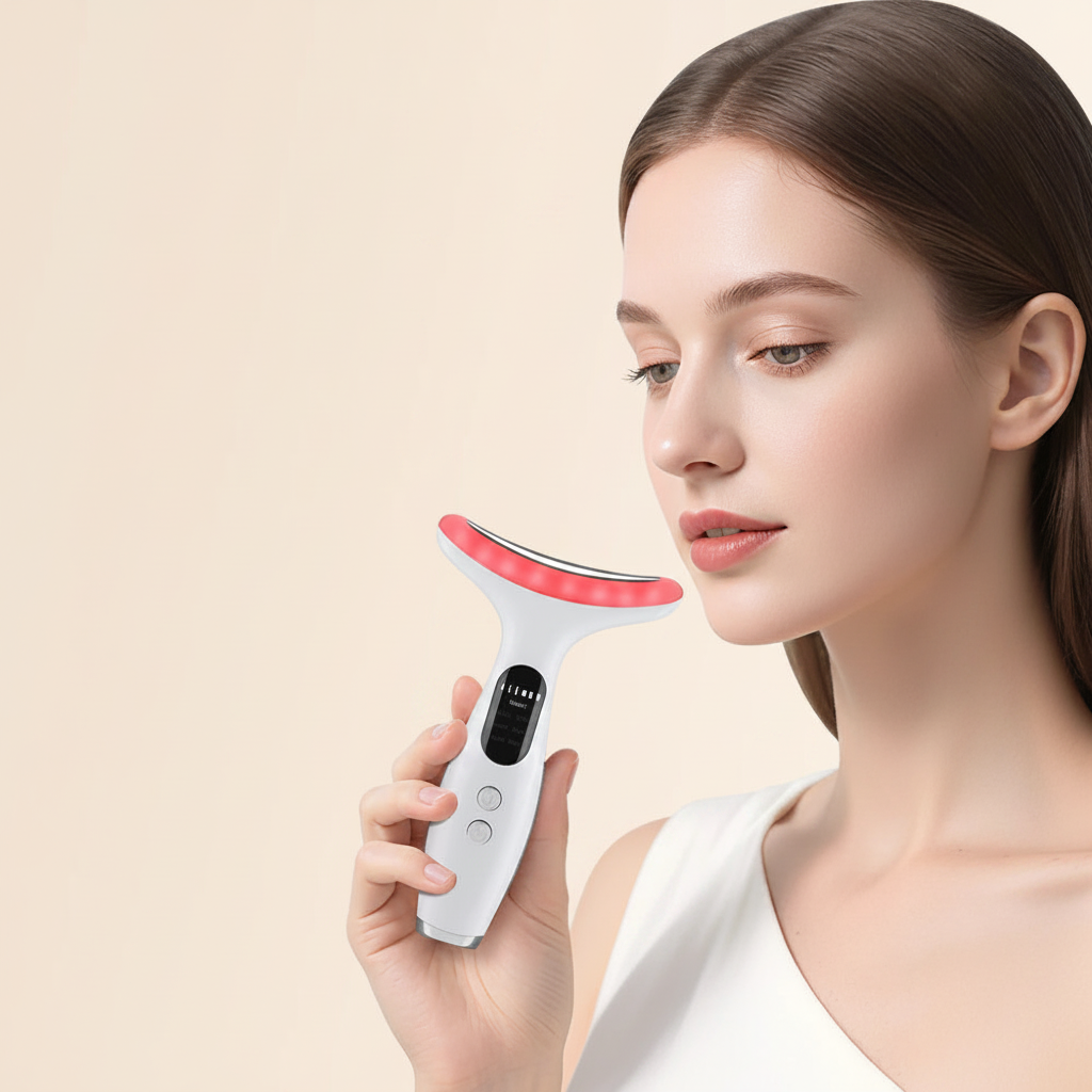 White handheld LED neck and face device with red light strip, held near cheek.