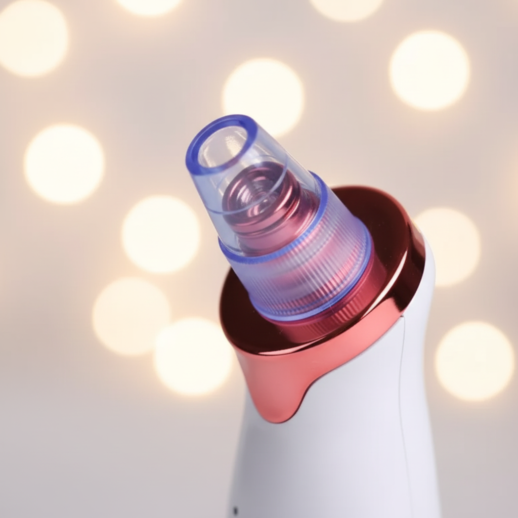 Pore vacuum blackhead remover nozzle close-up with translucent purple suction cup