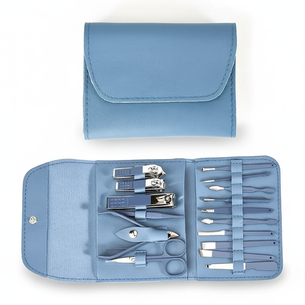 Blue nail care tool set in open case with stainless clipper, scissors, and file pieces