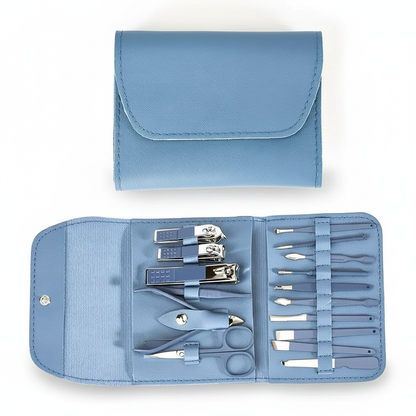 Blue nail care tool set in open case with stainless clipper, scissors, and file pieces