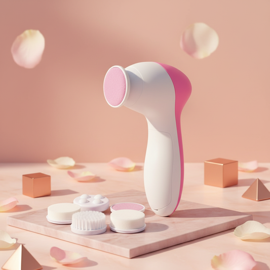 Handheld facial cleansing device with round pink sponge head and storage tray of attachments