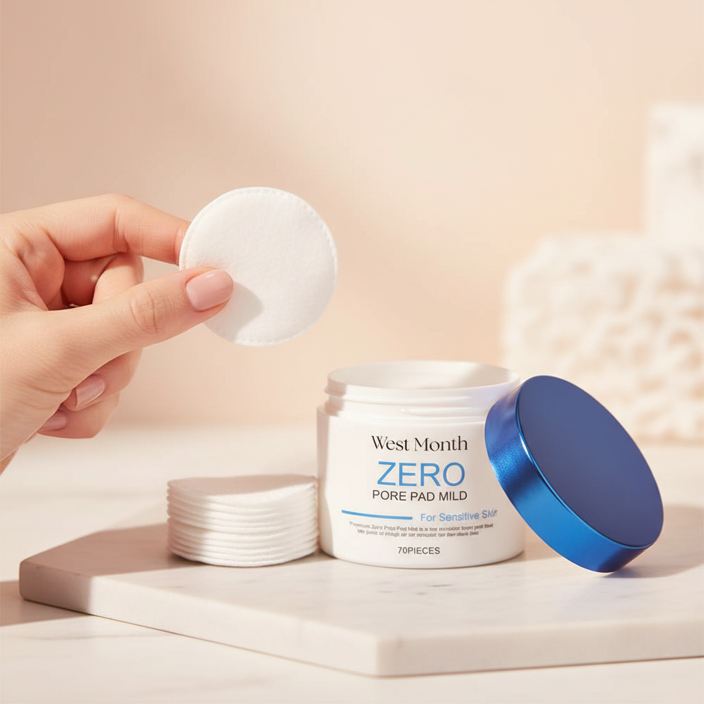 Hand holding a white toner pad with West Month ZERO jar and stacked pads.
