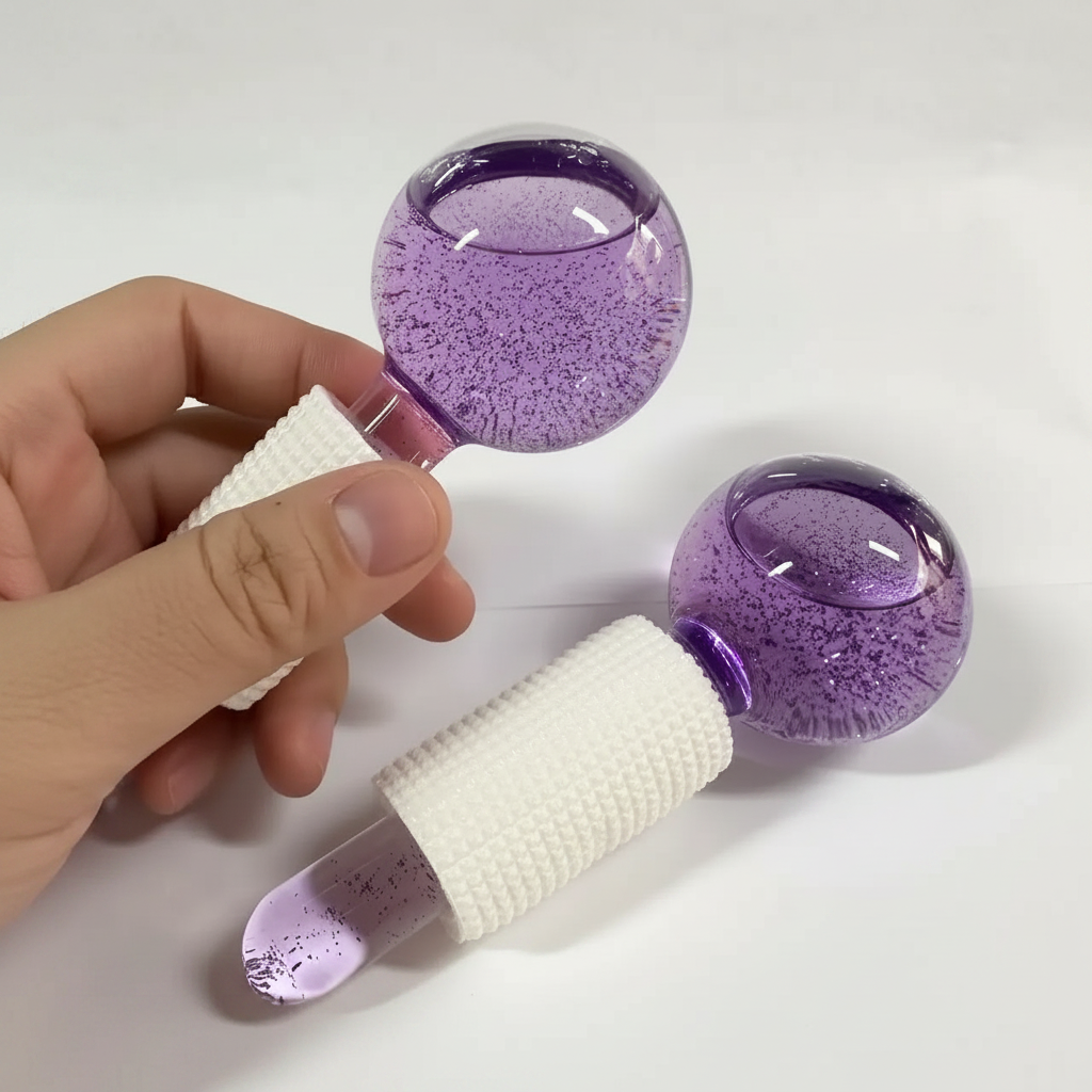 2-piece facial ice globe massager set, purple glitter heads; one in hand