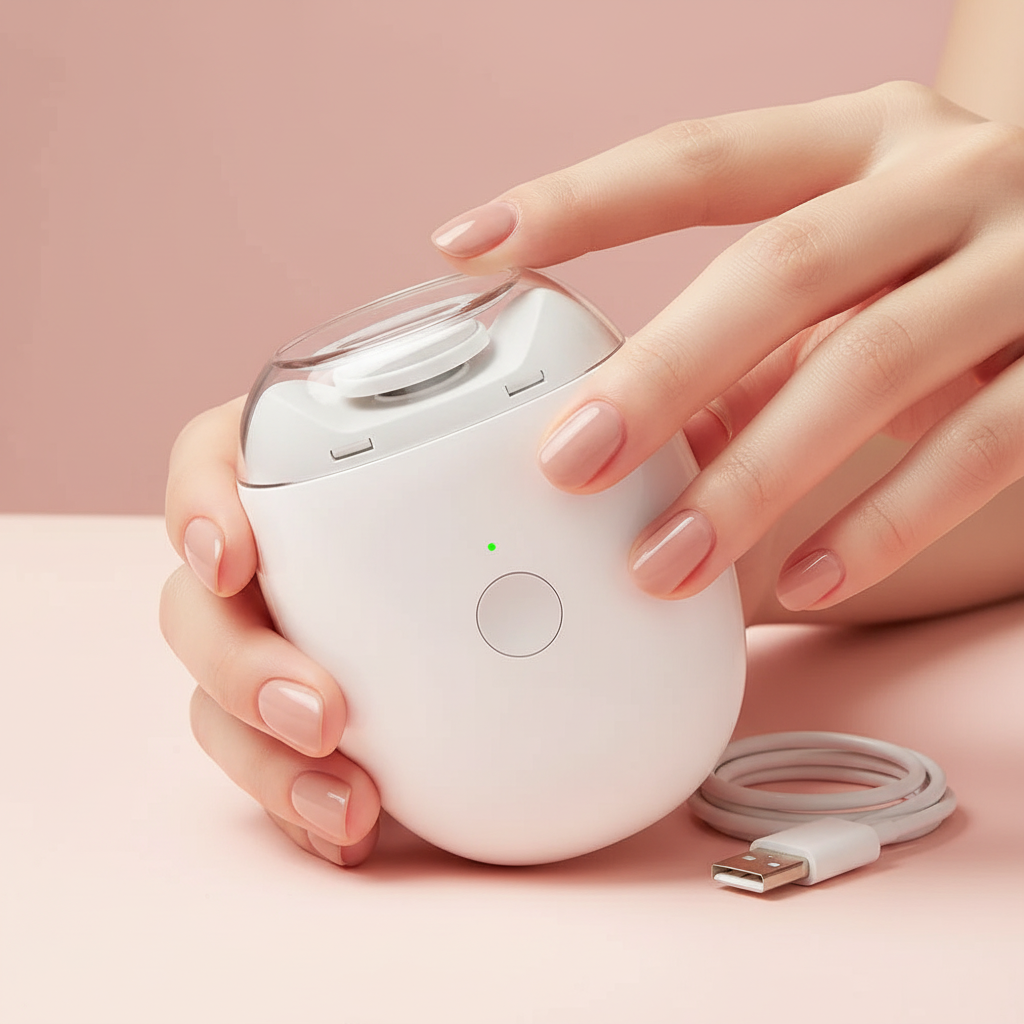 Electric nail trimmer with charging cable, white handheld device held near fingernails