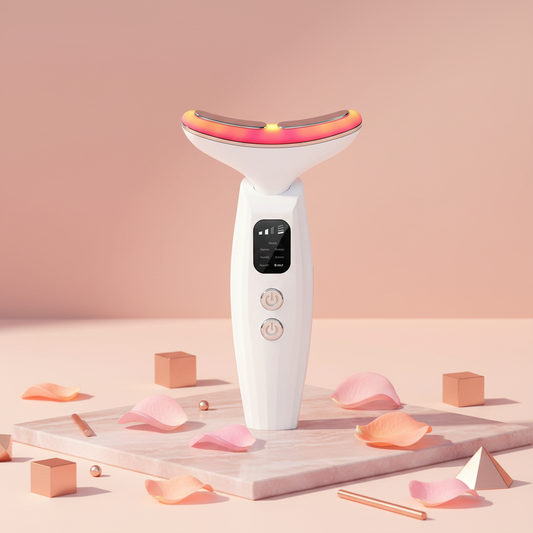 White neck and face device standing on a surface with multicolor light head