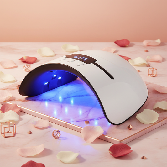 White nail lamp with blue curing glow inside curved hood