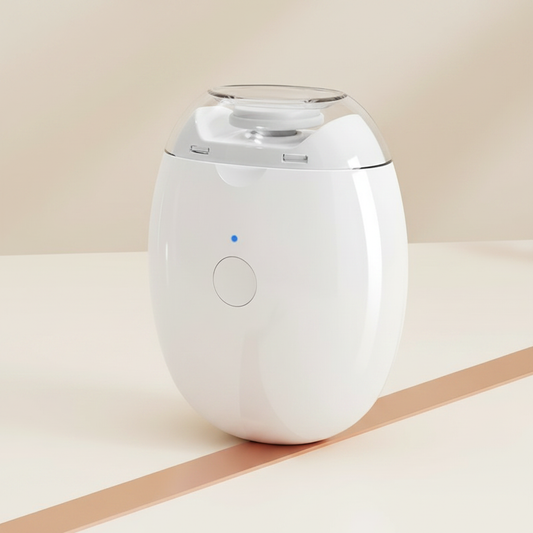 White electric nail grinder with round button and LED indicator, angled view