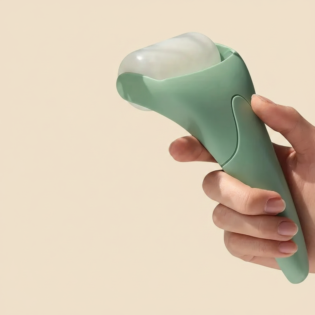 Green facial ice roller with textured top, hand-held cooling skin massager