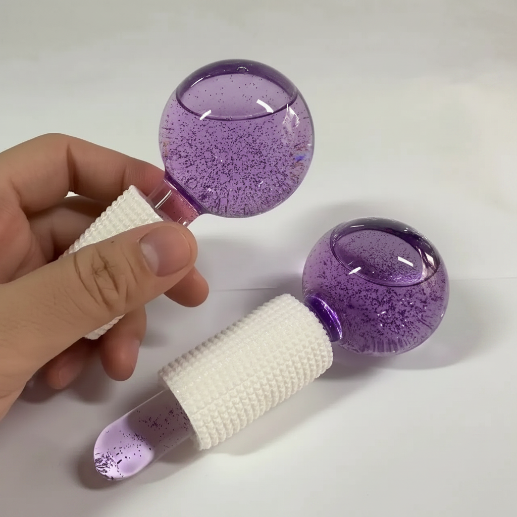 2-piece facial ice globe massager set, purple glitter heads; one held in hand