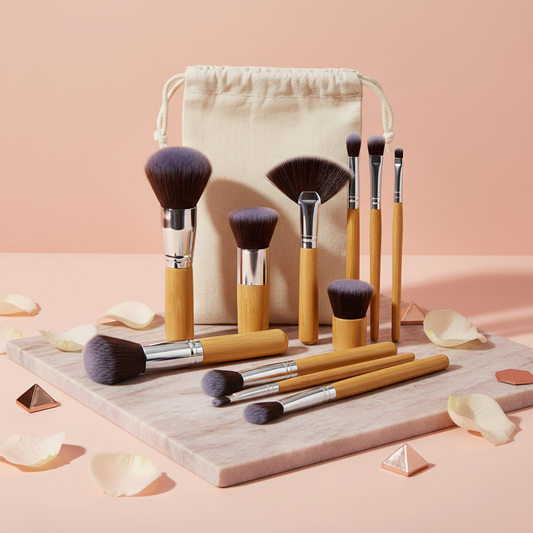 Complete makeup brush set with bamboo handles, dark bristles, and beige drawstring pouch