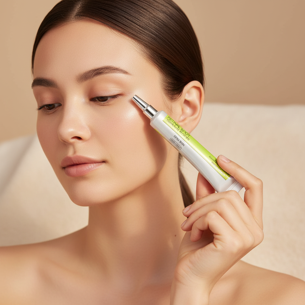 Eye and face serum applicator held near cheek; slim silver tube with green label
