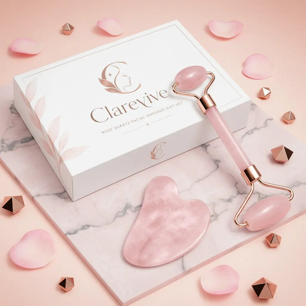 Pink rose quartz facial gua sha and roller set with rose-gold frames