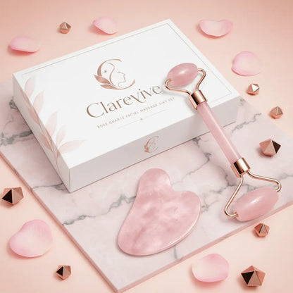 Pink rose quartz facial gua sha and roller set with rose-gold frames