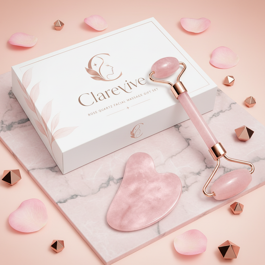 Pink rose quartz facial gua sha and roller set with rose-gold frames